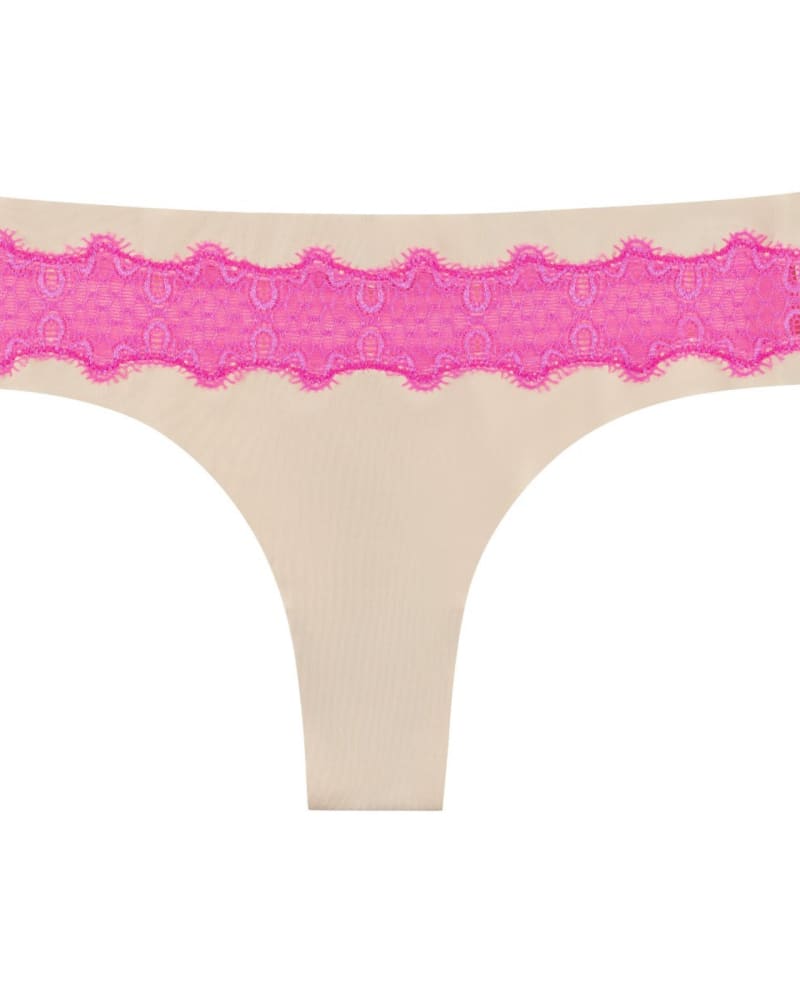 Front of a size 2XLarge VIP Thong with Lace Detail in Smoke Grey with Neon Pink Lace by Uwila Warrior. | dia_product_style_image_id:257916